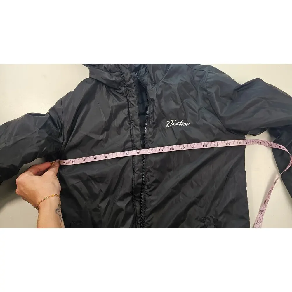Justice L 12 / 14 black REVERSIBLE 2 in 1 jacket windbreaker sherpa nylon EUC #